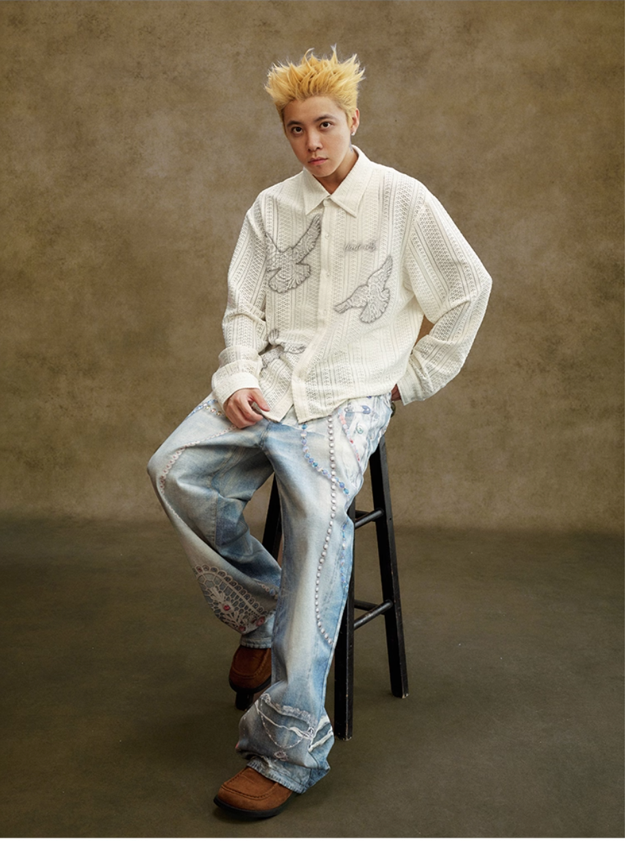 YADcrew Peace Dove Hollow Mesh Long Sleeve Shirt