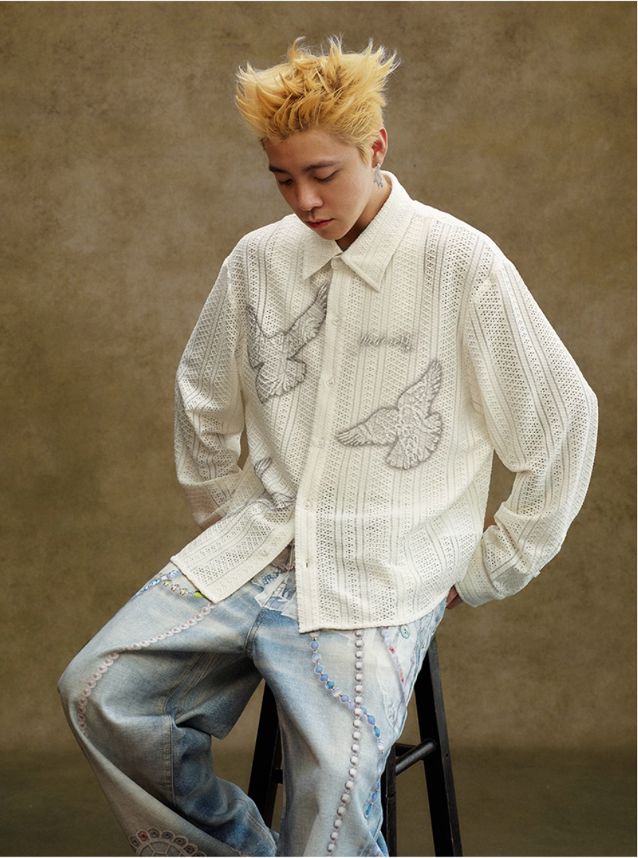 YADcrew Peace Dove Hollow Mesh Long Sleeve Shirt