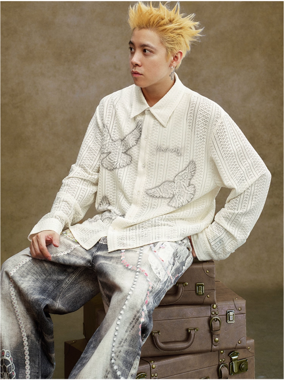 YADcrew Peace Dove Hollow Mesh Long Sleeve Shirt