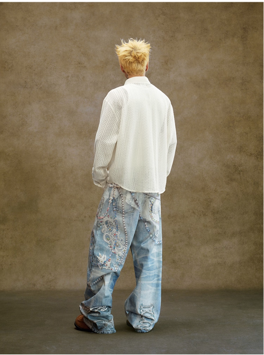 YADcrew Peace Dove Hollow Mesh Long Sleeve Shirt