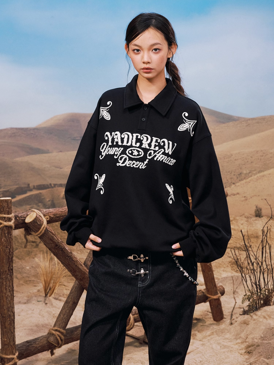 YADcrew Rope Knot Foam Print Embroidered Polo Sweatshirt