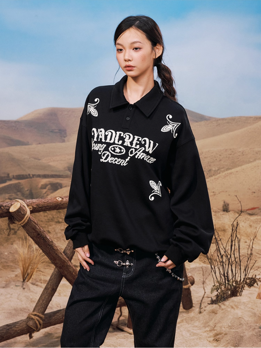 YADcrew Rope Knot Foam Print Embroidered Polo Sweatshirt
