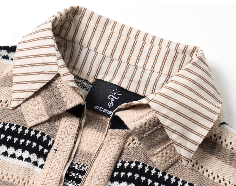 STEEPC Layered Design Knit Striped Long Sleeve Polo