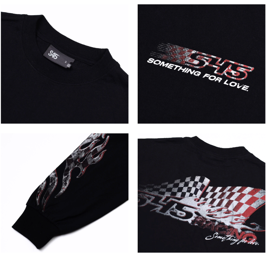 S45 Checkered Flag Flame Print Long Sleeve Tee