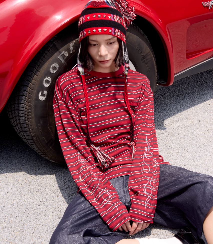 S45 Rhinestone Flame Stripe Long Sleeve Tee