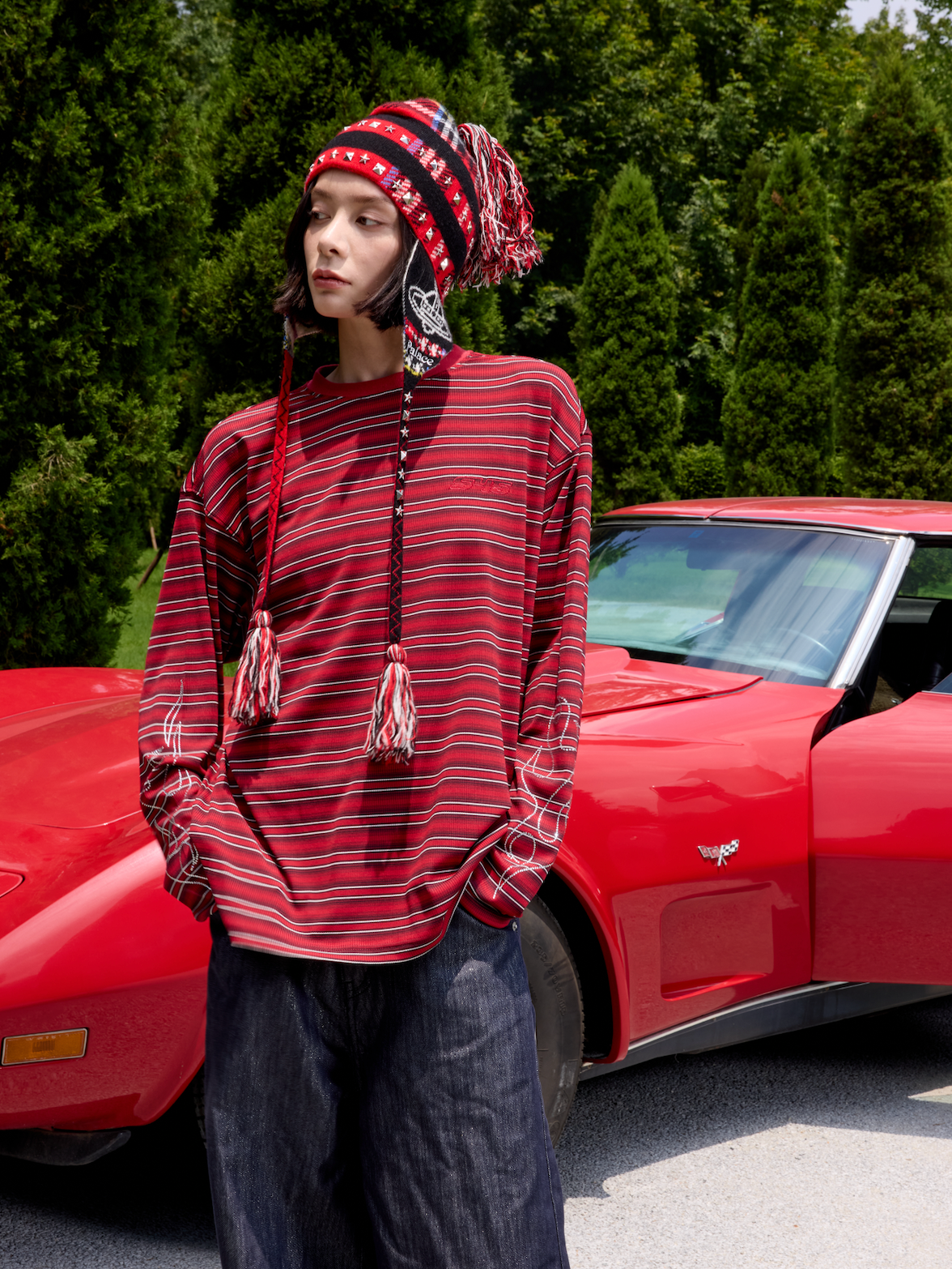 S45 Rhinestone Flame Stripe Long Sleeve Tee