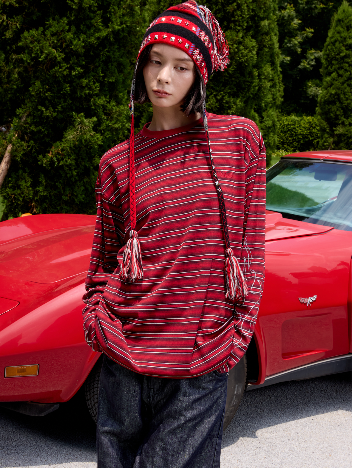 S45 Rhinestone Flame Stripe Long Sleeve Tee