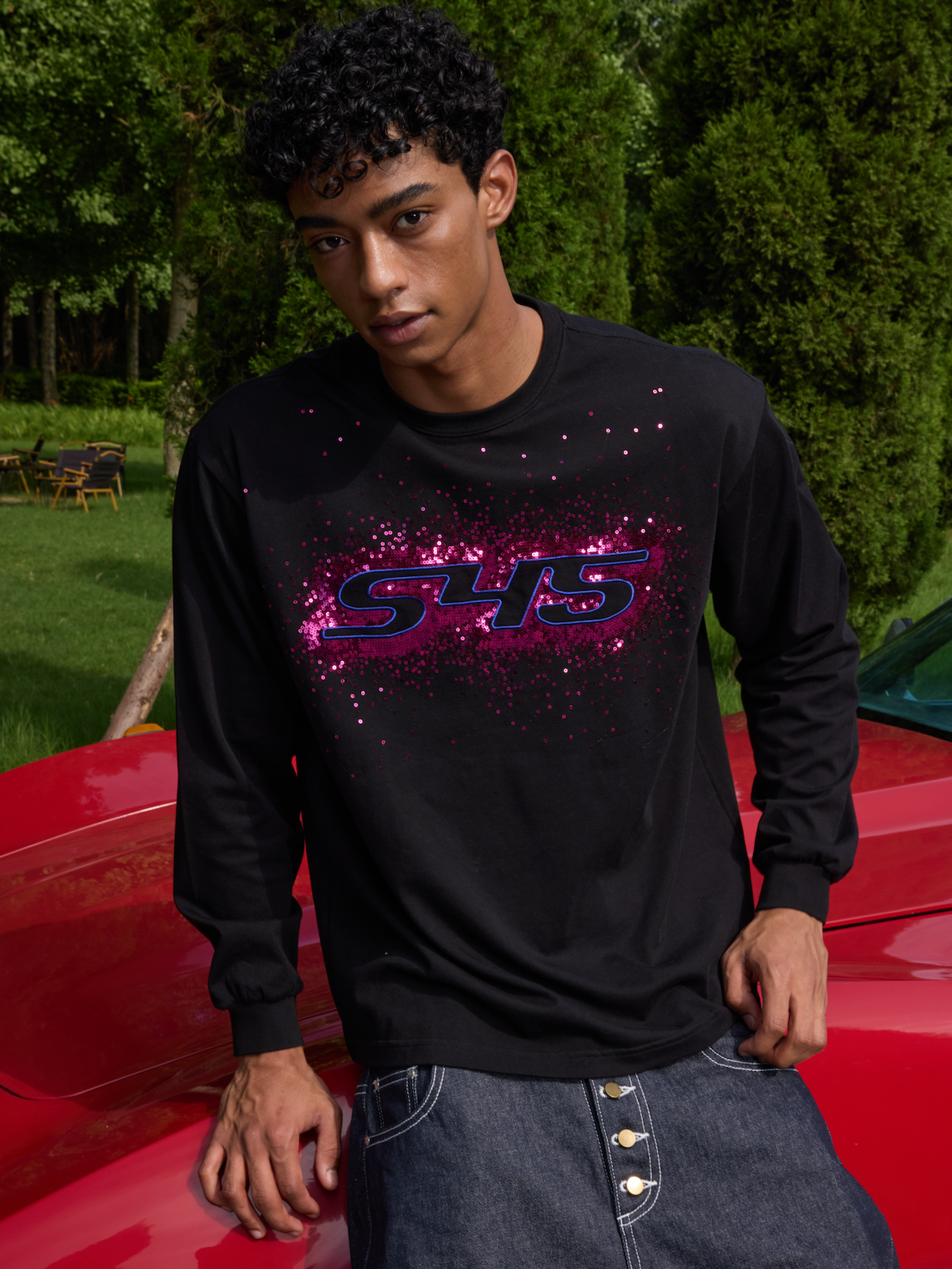 S45 Sequined Embroidered Logo Long Sleeve Tee