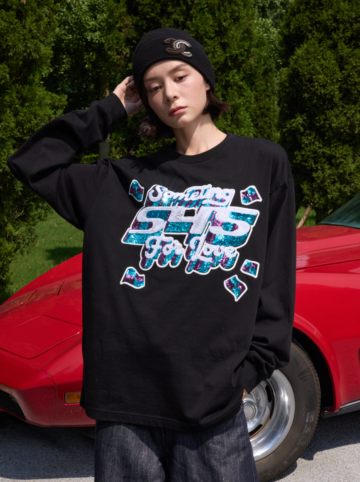 S45 3D Sequined Letter Logo Long Sleeve Tee