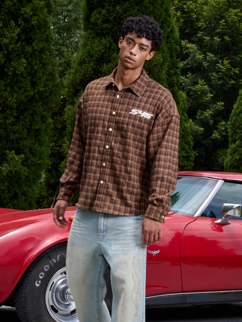 S45 Plaid Pearl Button Logo Long Sleeve Shirt