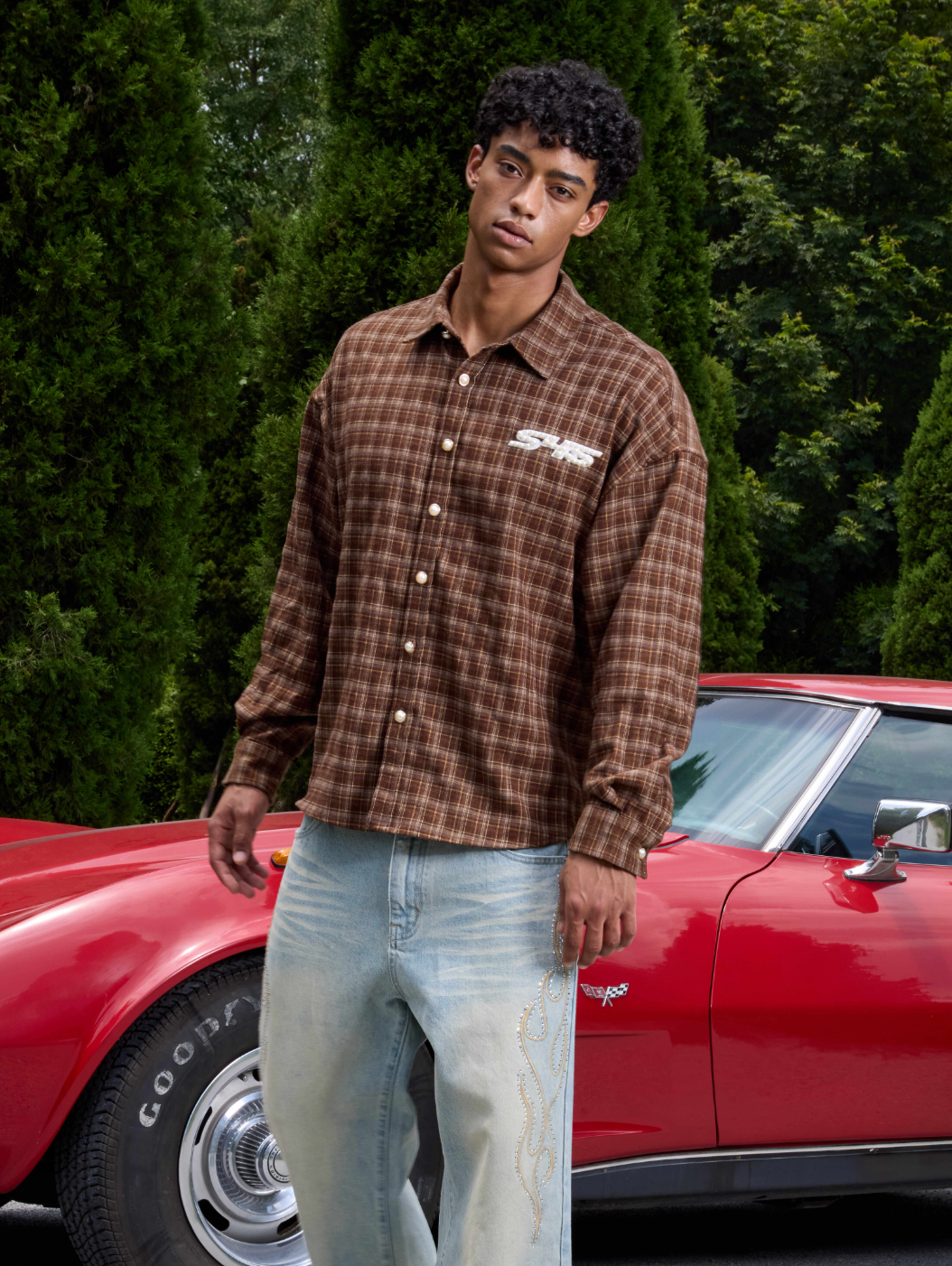 S45 Plaid Pearl Button Logo Long Sleeve Shirt