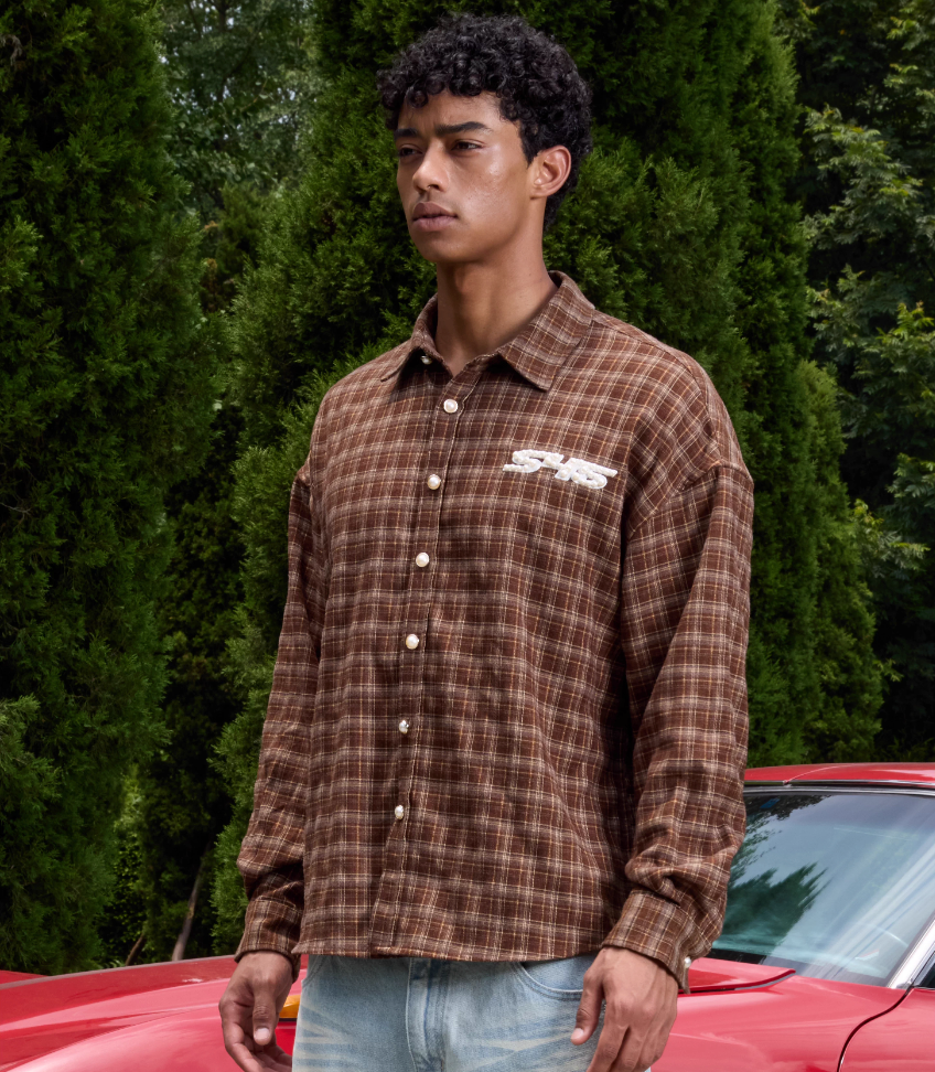 S45 Plaid Pearl Button Logo Long Sleeve Shirt