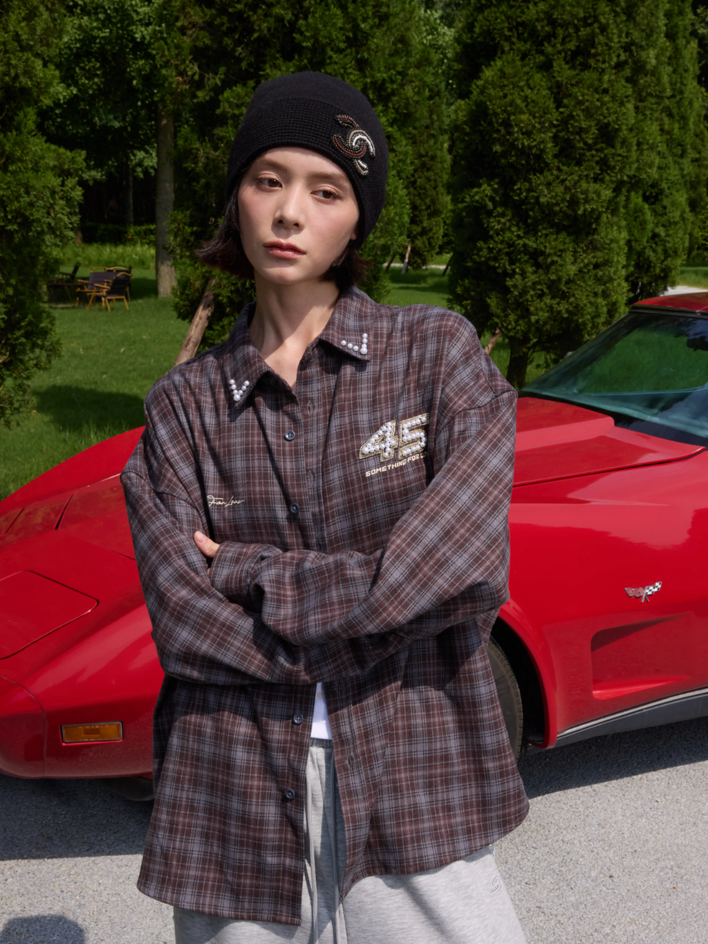 S45 Pearl Lapel Logo Plaid Long Sleeve Shirt