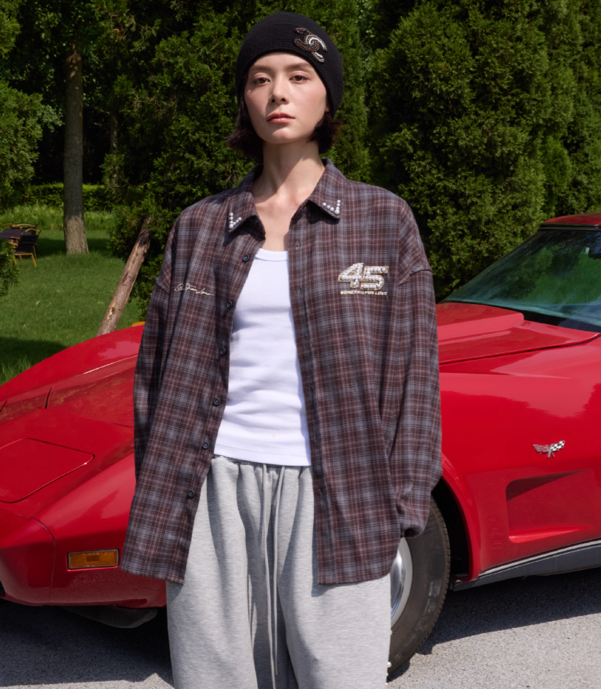 S45 Pearl Lapel Logo Plaid Long Sleeve Shirt