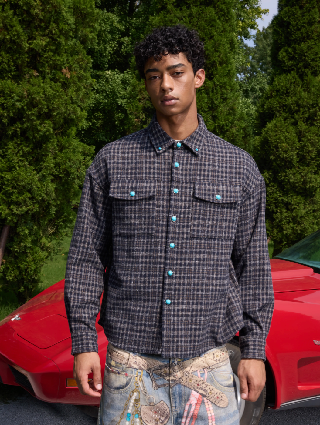 S45 Turquoise Button Plaid Long Sleeve Shirt