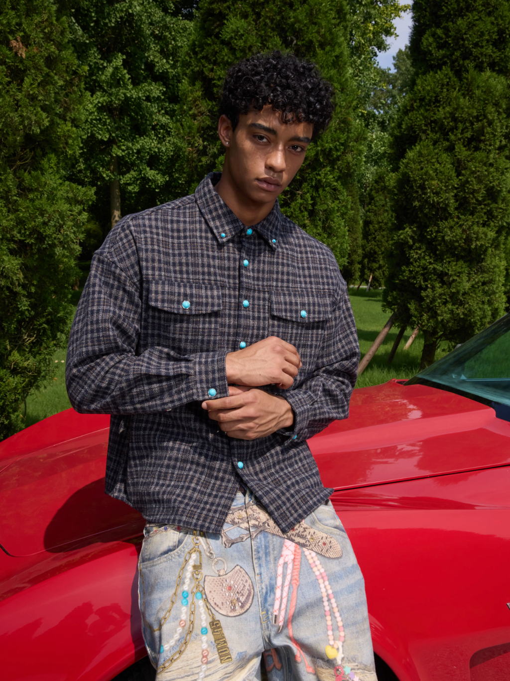 S45 Turquoise Button Plaid Long Sleeve Shirt