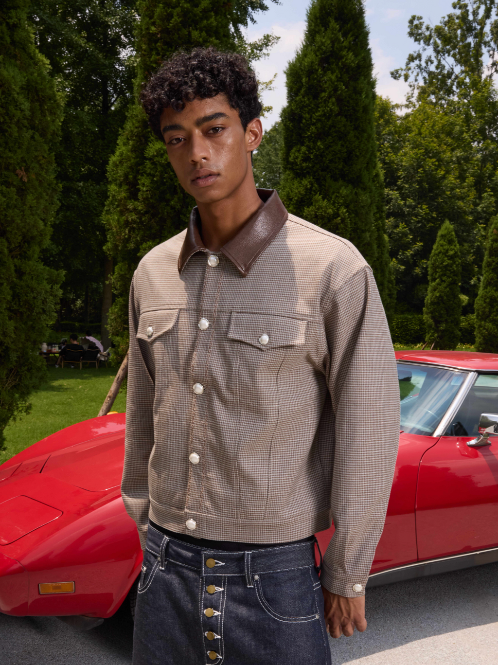 S45 Plaid Pearl Button Leather Lapel Short Jacket
