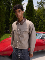 S45 Plaid Pearl Button Leather Lapel Short Jacket