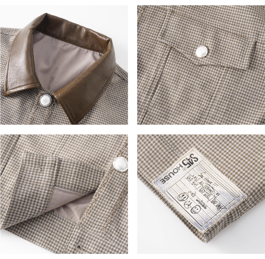 S45 Plaid Pearl Button Leather Lapel Short Jacket