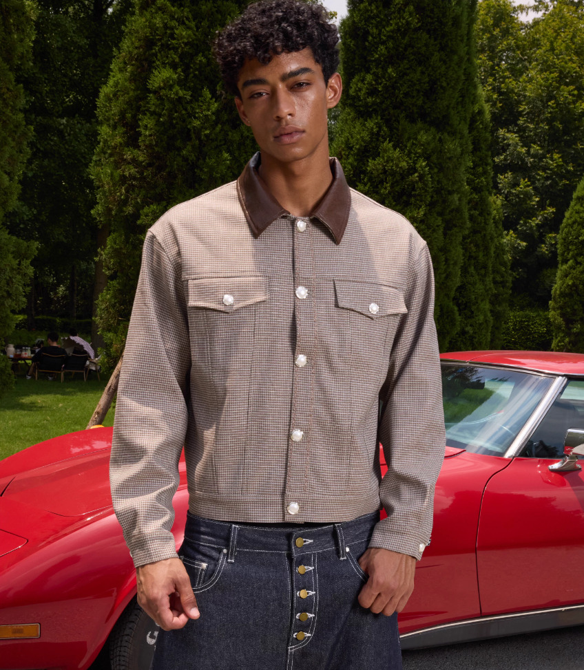 S45 Plaid Pearl Button Leather Lapel Short Jacket