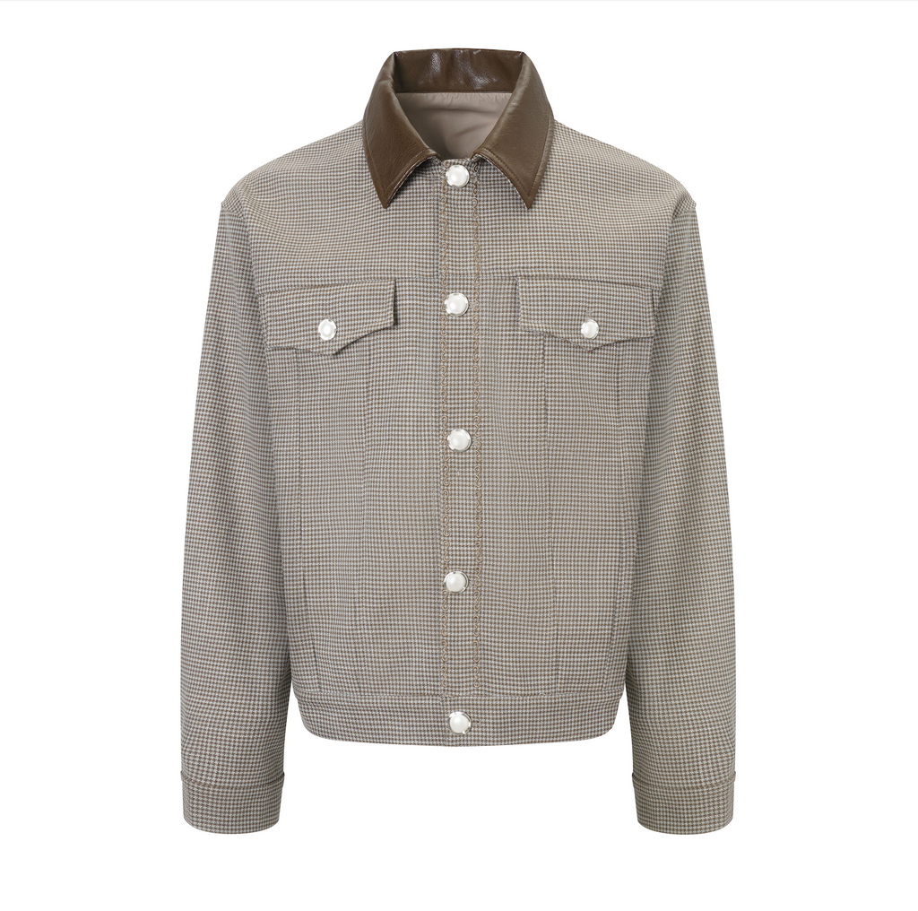 S45 Plaid Pearl Button Leather Lapel Short Jacket