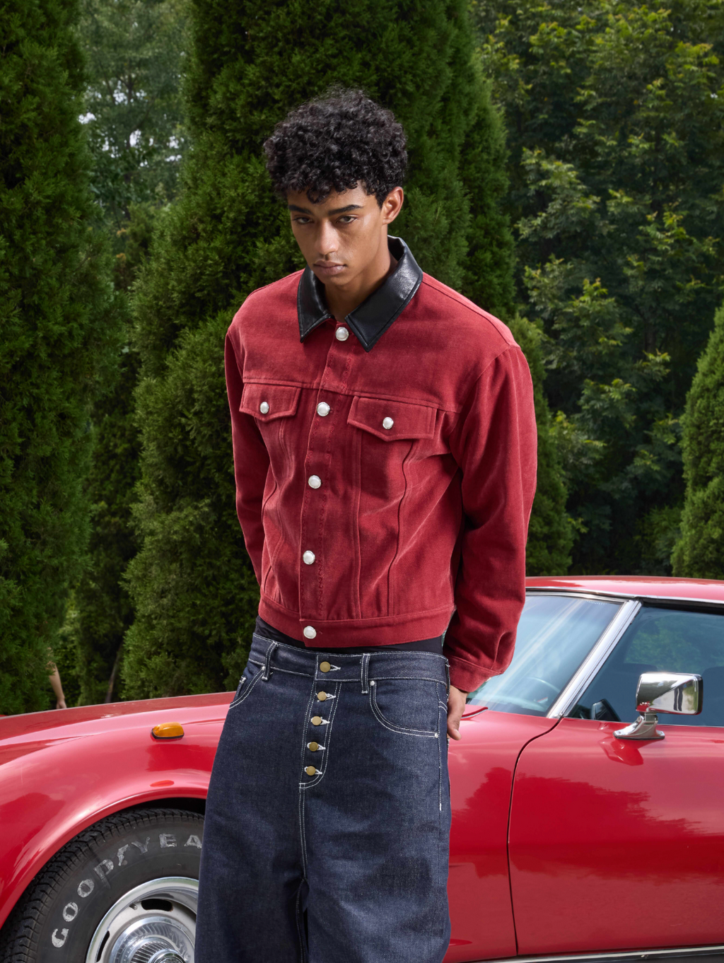 S45 Flocking Denim Pearl Button Leather Lapel Short Jacket