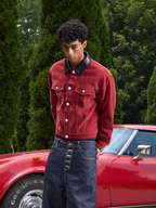 S45 Flocking Denim Pearl Button Leather Lapel Short Jacket