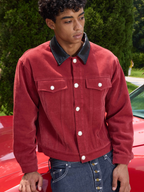 S45 Flocking Denim Pearl Button Leather Lapel Short Jacket