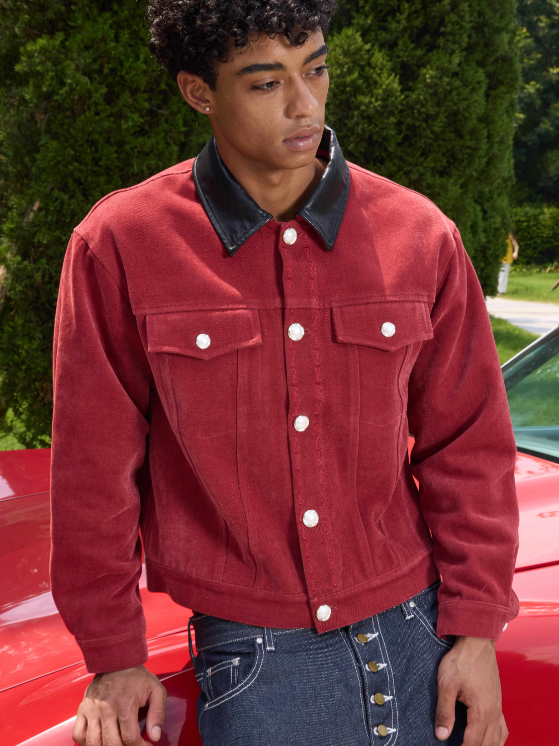 S45 Flocking Denim Pearl Button Leather Lapel Short Jacket
