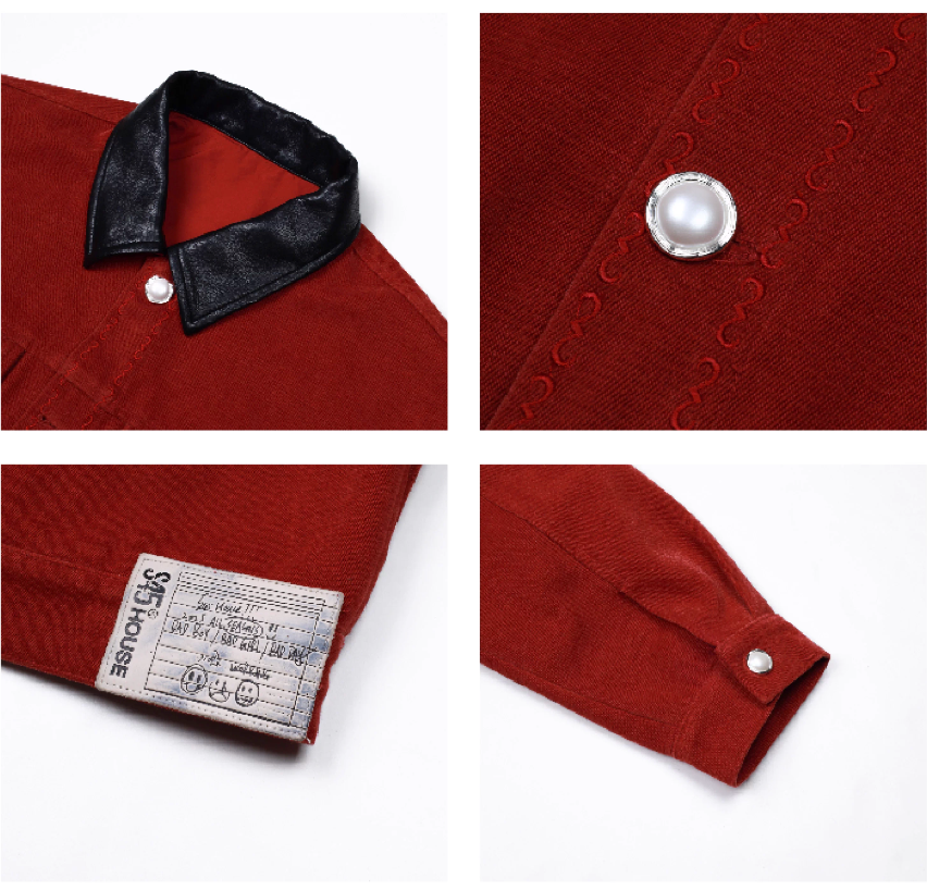 S45 Flocking Denim Pearl Button Leather Lapel Short Jacket