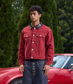 S45 Flocking Denim Pearl Button Leather Lapel Short Jacket