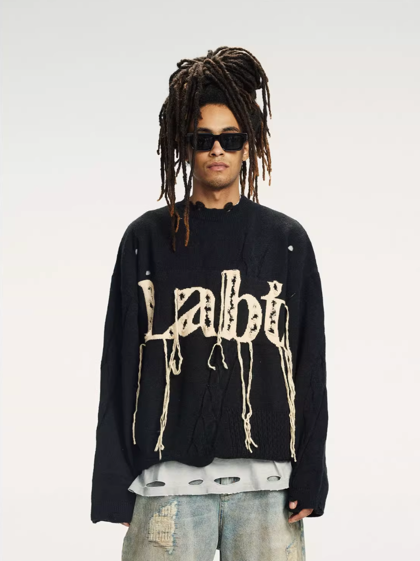 Labt Fringe Lanyard Logo Distressed Knit Sweater