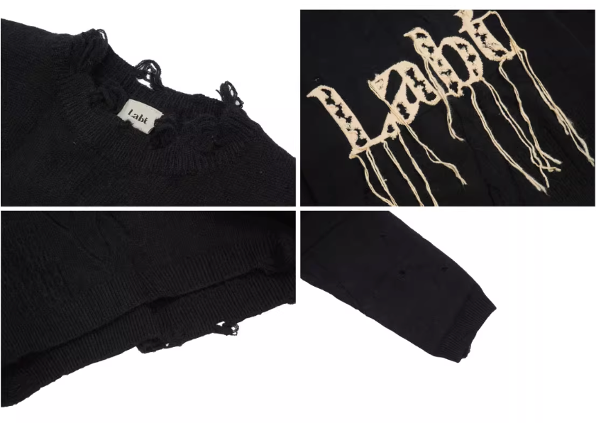 Labt Fringe Lanyard Logo Distressed Knit Sweater