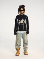 Labt Fringe Lanyard Logo Distressed Knit Sweater