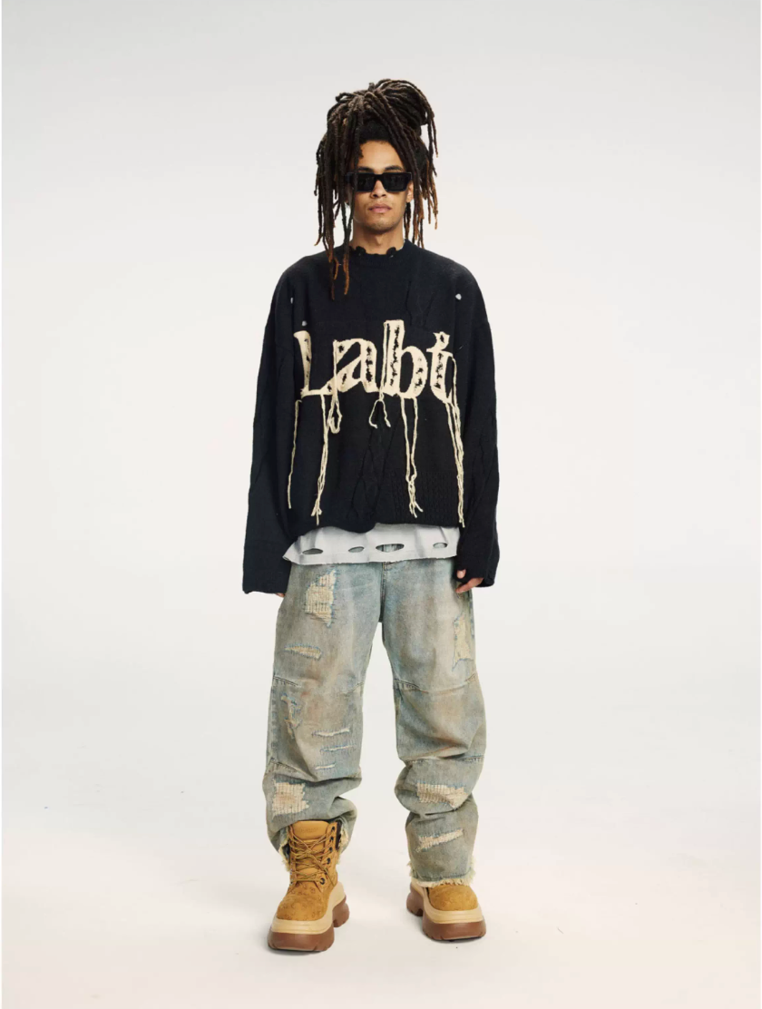 Labt Fringe Lanyard Logo Distressed Knit Sweater