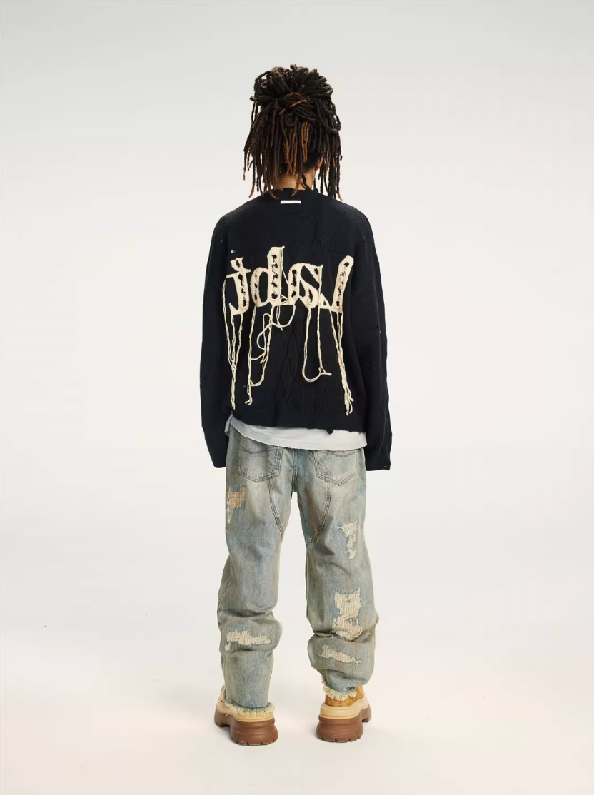 Labt Fringe Lanyard Logo Distressed Knit Sweater