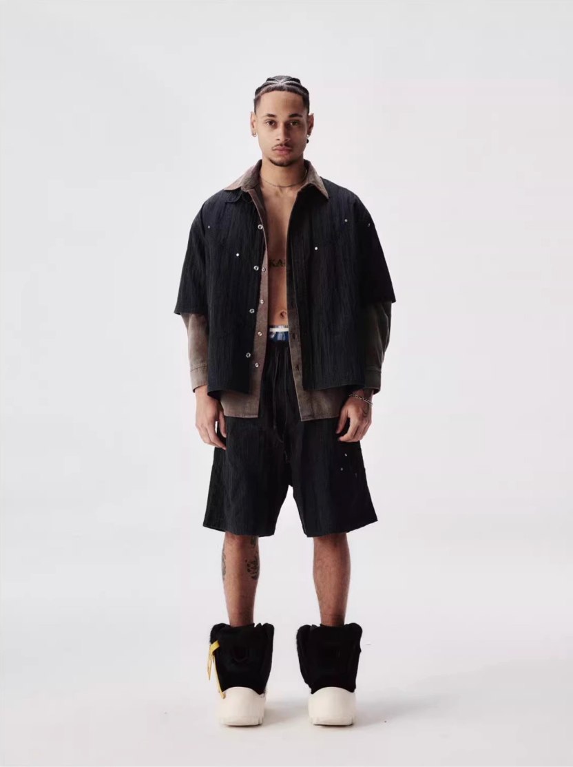 Labt Distressed Wash Pocket Short Sleeve Shirt