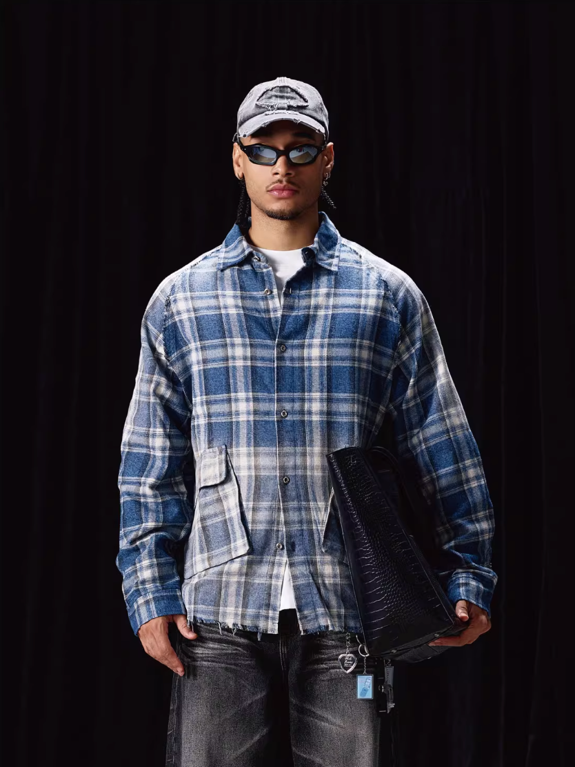 Labt Washed Flannel Plaid Long Sleeve Pocket Shirt