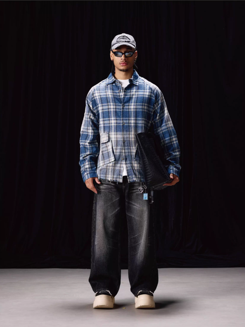 Labt Washed Flannel Plaid Long Sleeve Pocket Shirt