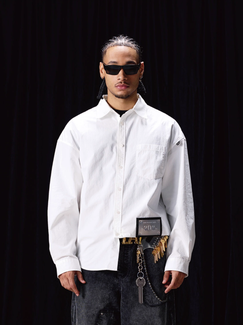 Labt Patch Embroidered Wrinkled Long Sleeve Shirt