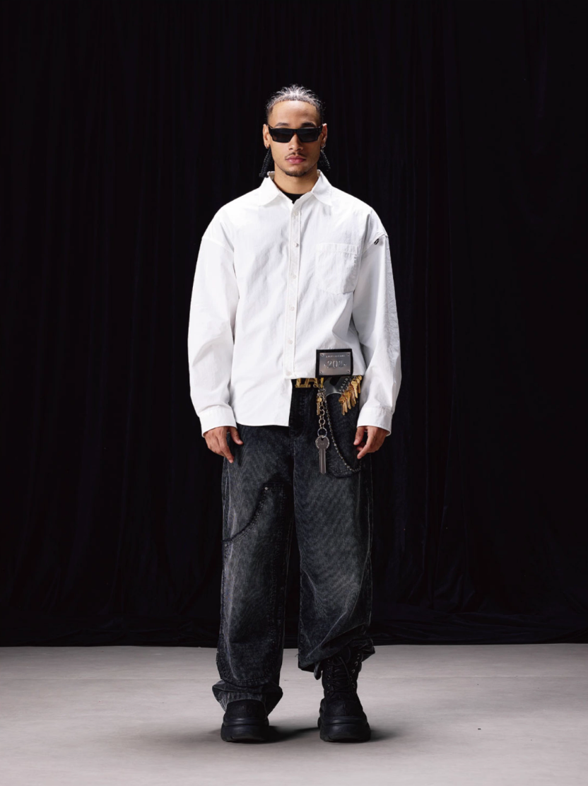 Labt Patch Embroidered Wrinkled Long Sleeve Shirt