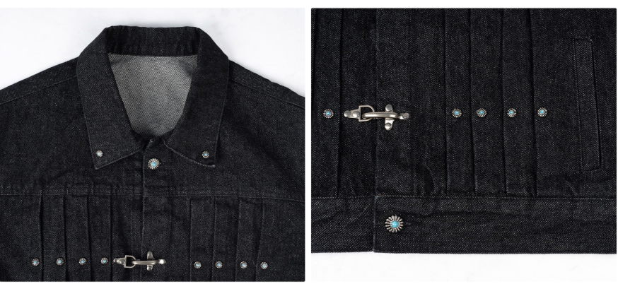 ANTIDOTE Turquoise Studded Pleated Buckle Denim Jacket