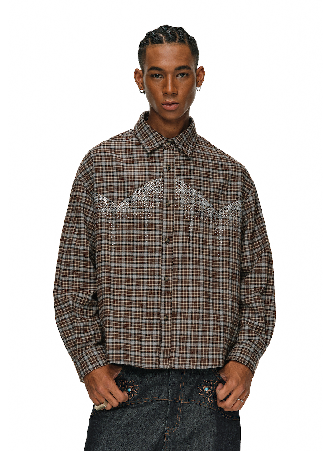 ANTIDOTE Rhinestone Flannel Plaid Long Sleeve Shirt