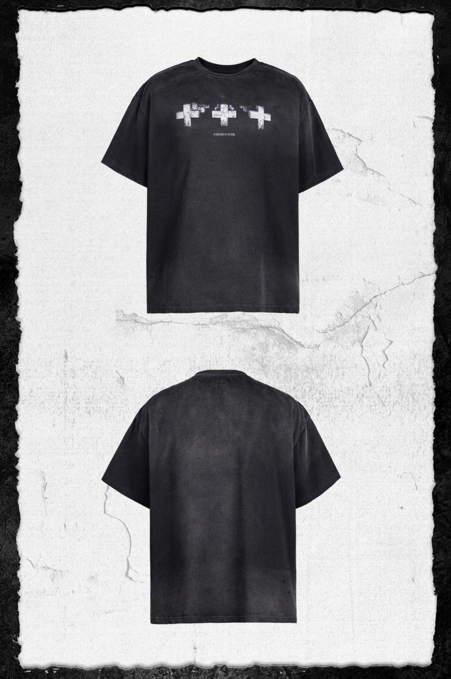 UNDERWATER Cross Print Washed Distressed Tee