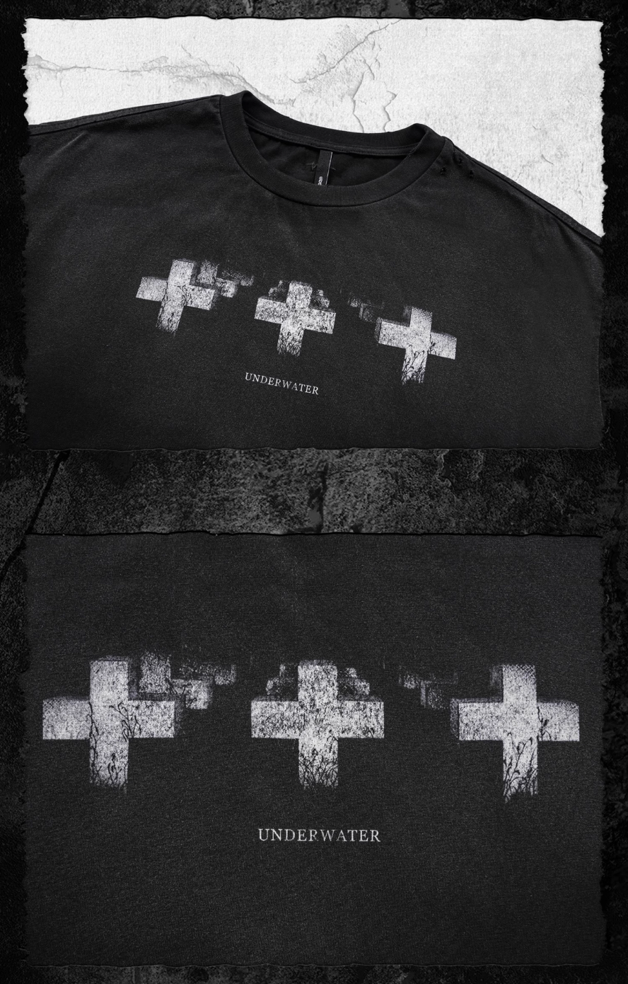 UNDERWATER Cross Print Washed Distressed Tee