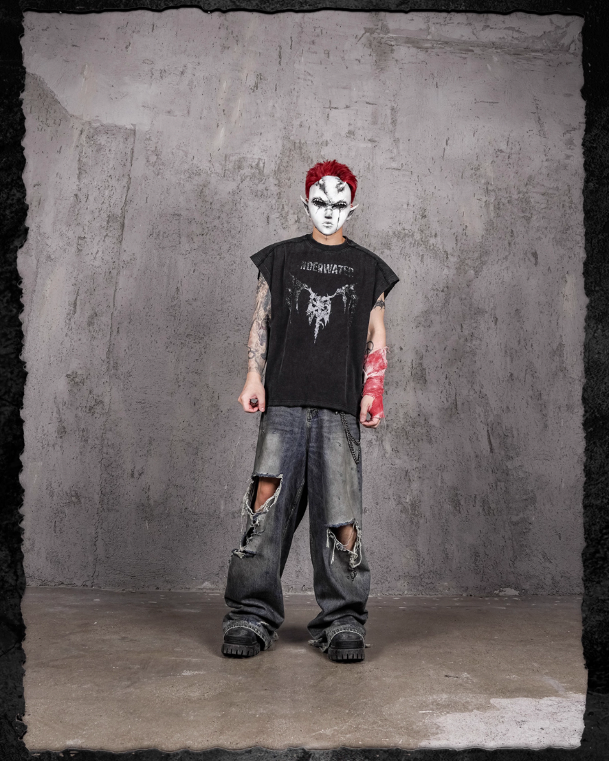 UNDERWATER Washed Devil Bone Print Distressed Sleeveless Tee