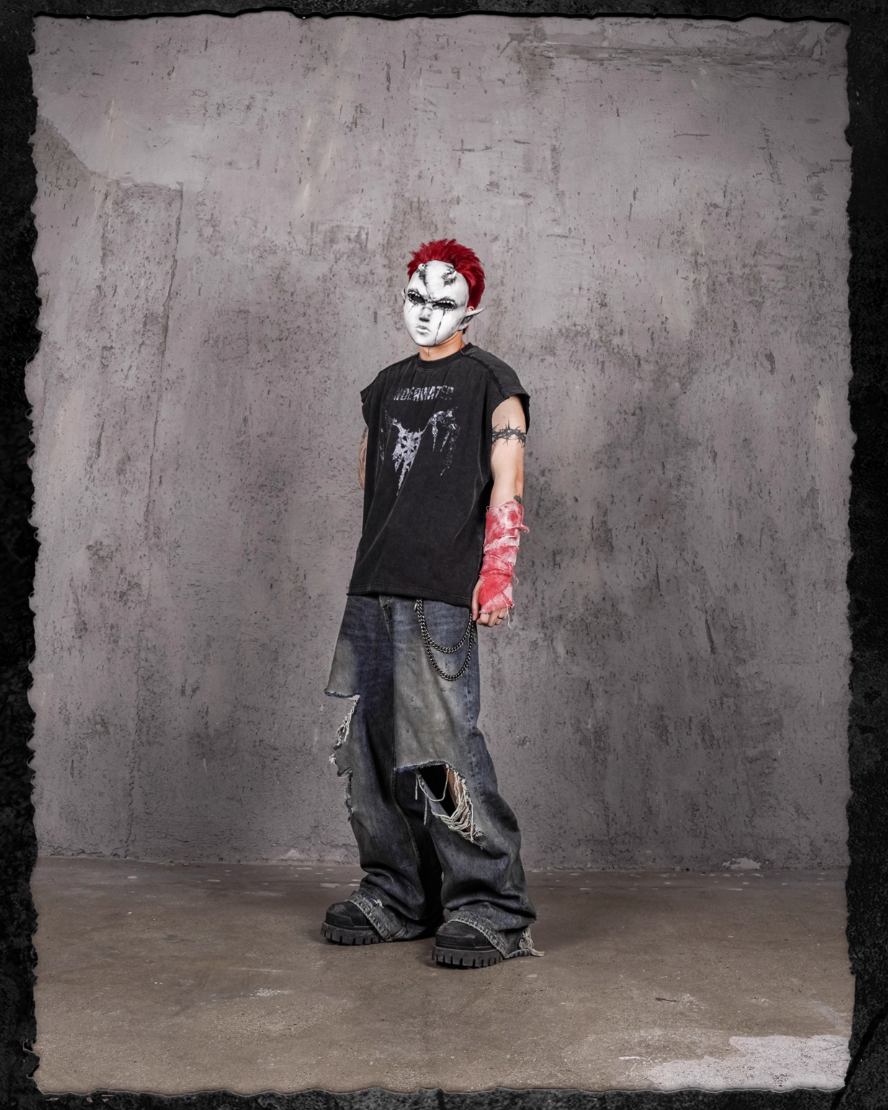 UNDERWATER Washed Devil Bone Print Distressed Sleeveless Tee
