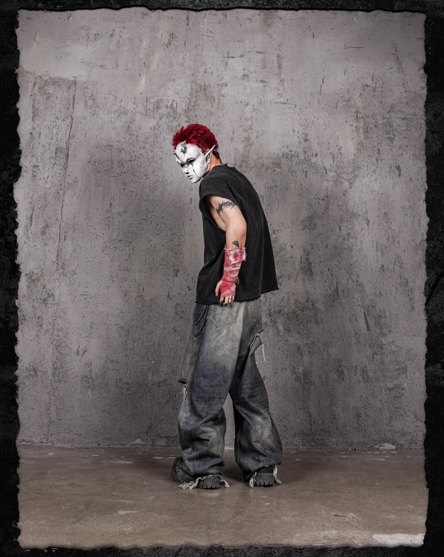 UNDERWATER Washed Devil Bone Print Distressed Sleeveless Tee