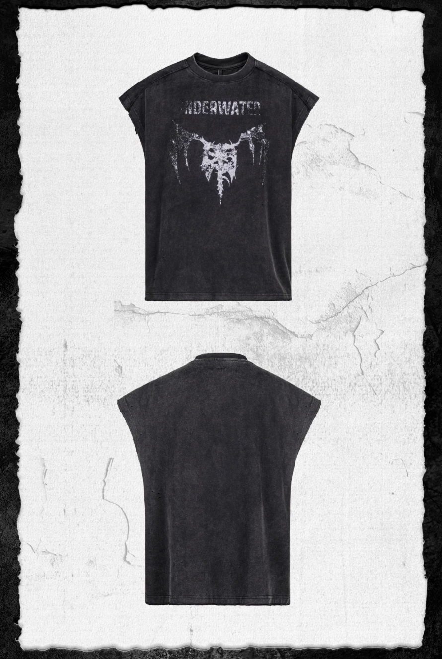 UNDERWATER Washed Devil Bone Print Distressed Sleeveless Tee