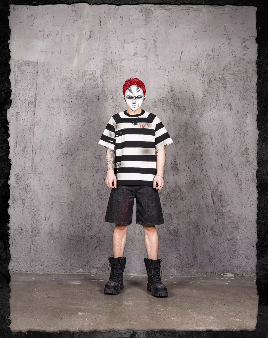UNDERWATER Jailbird Dirty Dye Cut Distressed Stripe Tee